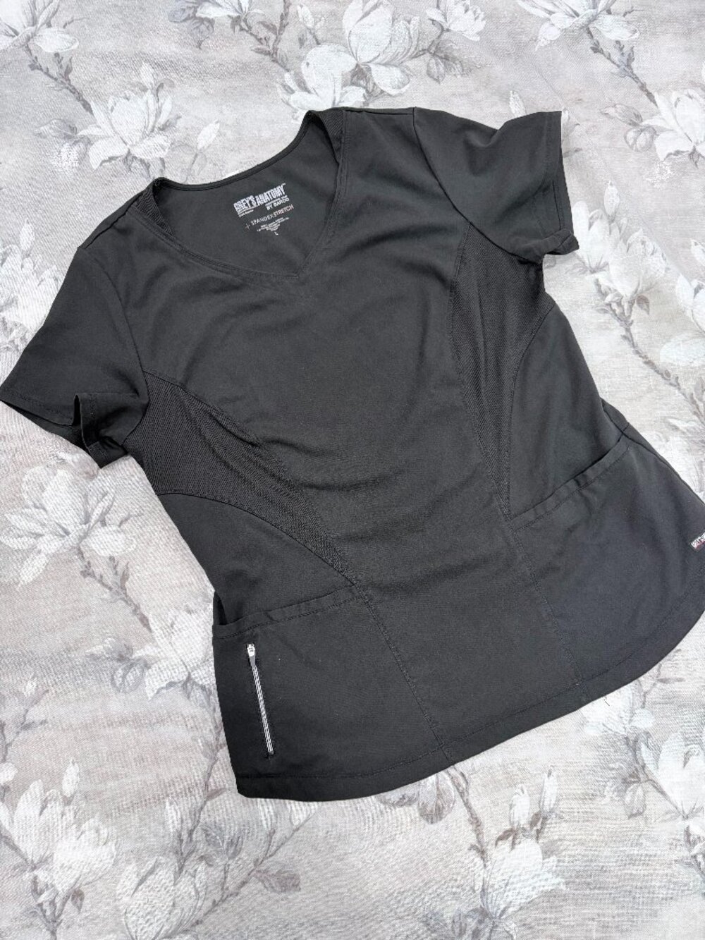 Grey’s Anatomy Scrub Top Large Black Spandex Stretch Zip Pocket